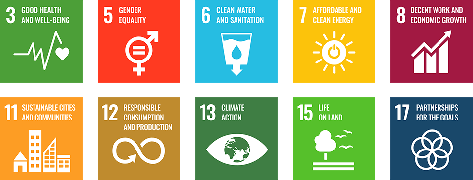 3. Good Health 5. Gender Equality 6. Clean Water and Sanitation 7. Affordable and Clean Energy 8. Decent Work and Economic Growth 11. Sustainable Cities and Communities 12. Responsible Consumption and Production 13. Climate Action 15. Life On Land 17. Partnerships for the GOALS